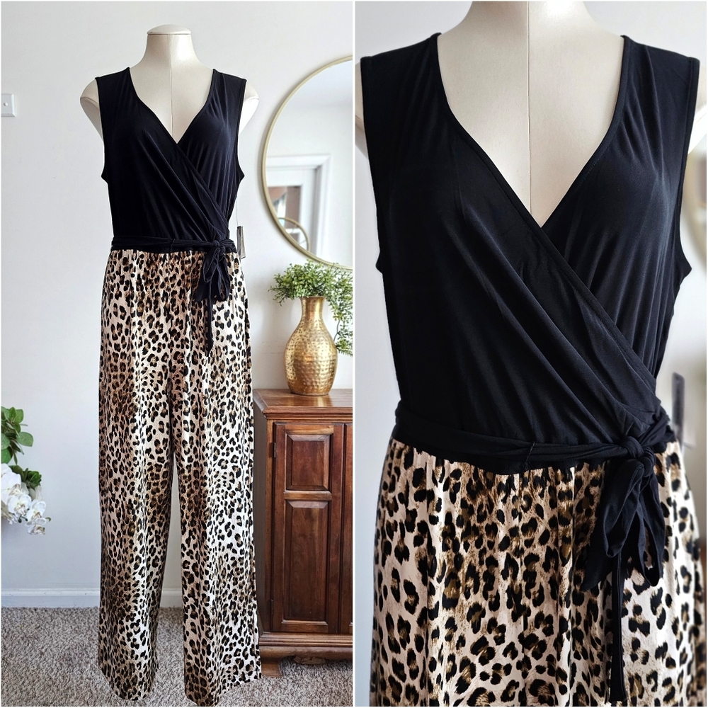 Emma & Michele Leopard Sleeveless Tie-Front Jumpsuit | NWT | Size S